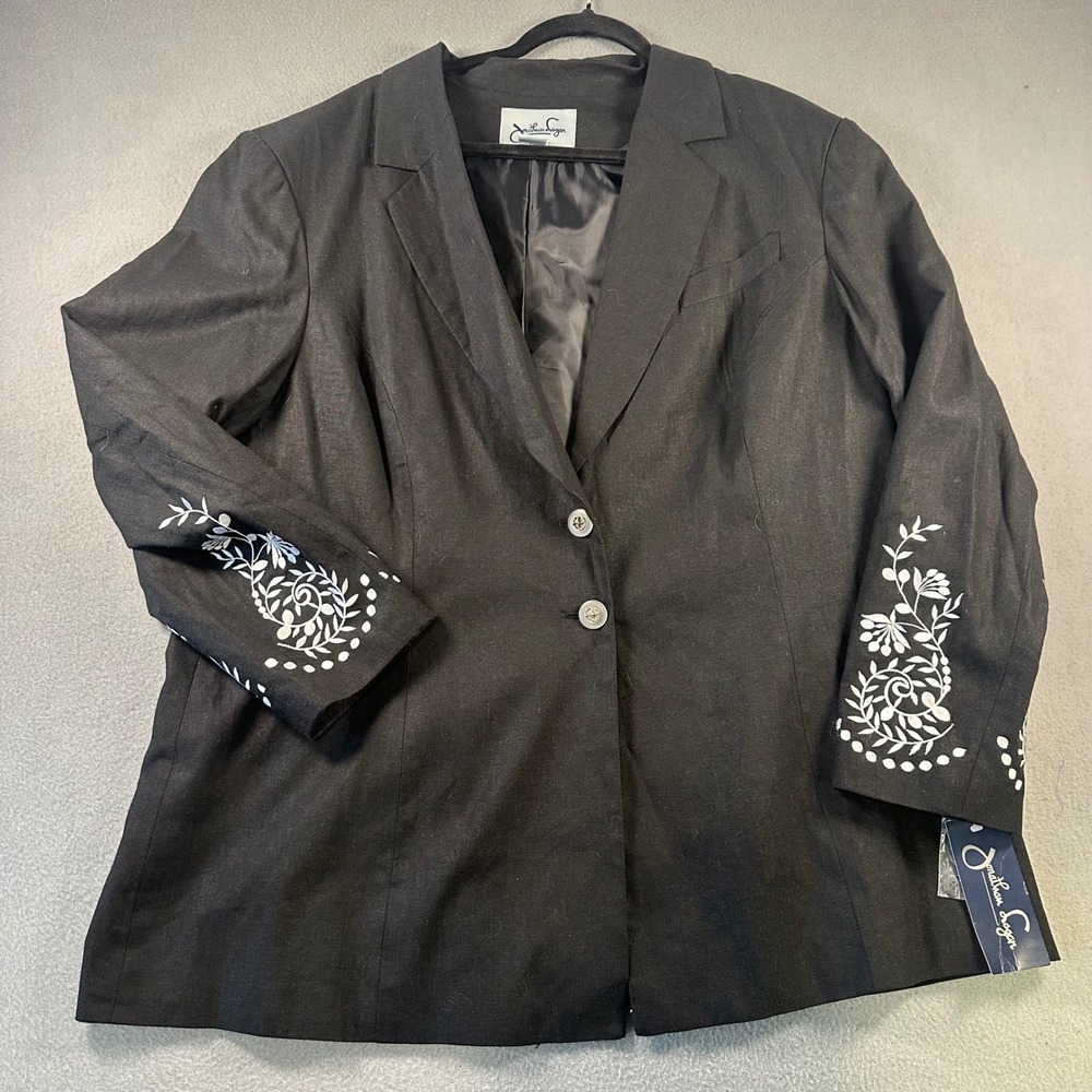 Jonathan Logan Black Linen Blend Embroidered Cuff Blazer Jacket 22W NWT
